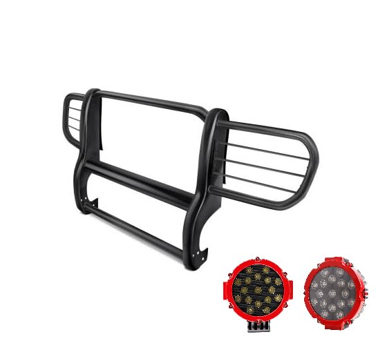 Bumper Guard Modular Black Black Horse Grille brush Come With pair of 7.0"Dia.LED Lights with Red Trim Rings Compatible with 2002-2007 Jeep Liberty-17EH26MA-PLR
