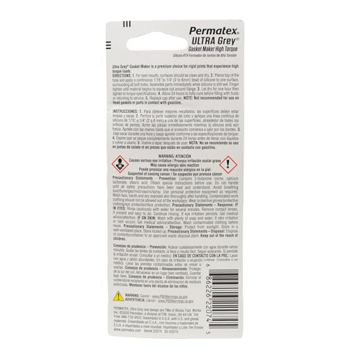 Ultra Grey Permatex 22074 Rigid High-Torque RTV Silicone Gasket Maker, Sensor Safe And Non-Corrosive, For High Torque And Vibration Resistant Applications, 0.5 oz