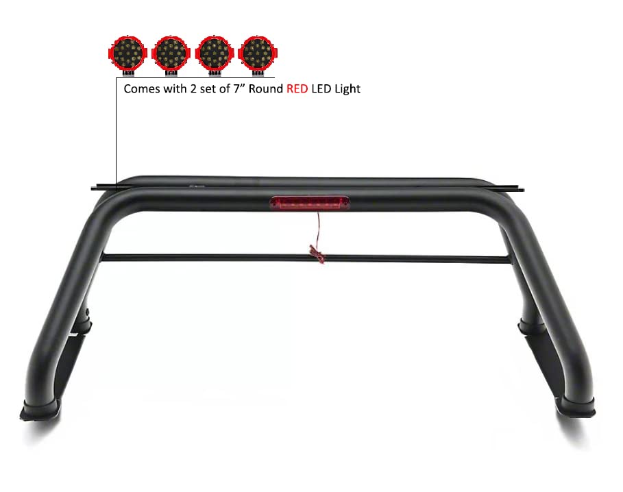 Classic Black Horse Roll Bar Incl. Pair of 7.0" Dia.led Lights w/Red Trim Rings Compatible with 99-24 Ford F-250 Super Duty|99-24 Ford F-350 Super Duty|99-24 Ford F-450 Super Duty-RB015BK-PLR