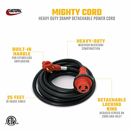 Mighty Cord Valterra - A10-3025ED RV 30-Amp Detachable Power Cord, 25-Foot Cord for RV, Red