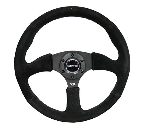 NRG Innovations Reinforced NRG-RST-023MB-S Steering Wheel 350mm Diameter 50mm Depth Sport Suede Racing (2.5" Deep) Comfort Grip, 5mm Thick Matte Black Spoke, Double Riveted Spokes