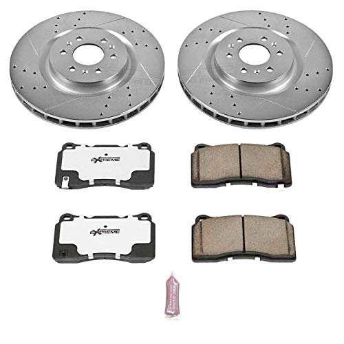 Power Stop Z26 Carbon Fiber Brake Pads with Drilled & Slotted Brake Rotors Kit Front For Cadillac CTS 2004-2007, Cadillac STS 2005-2011 [Model Specific]