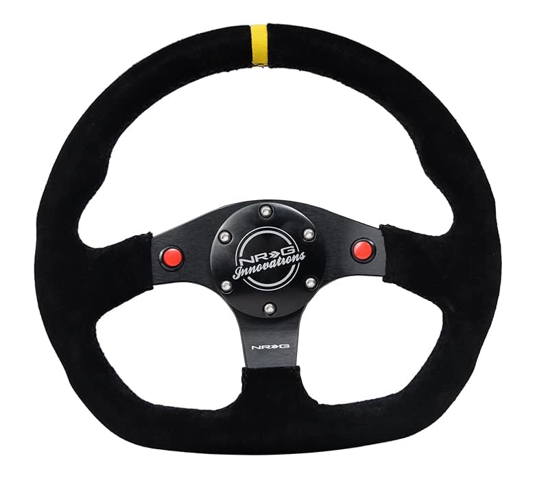 NRG Innovations Reinforced NRG-RST-024D-MB-S-Y Steering Wheel 320mm Sport Suede Dual Push Buttons Flat Bottom with Yellow Center Mark