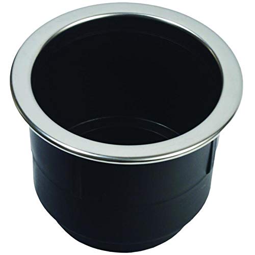 T-H Marine Drink Holder Molded with Fixed Stainless Steel Rim – Corrosion Resistant 316 Stainless – Built-in Drain Hole – Stepped Cup Design – Fits Multiple Drink Sizes – Black Plastic Insert