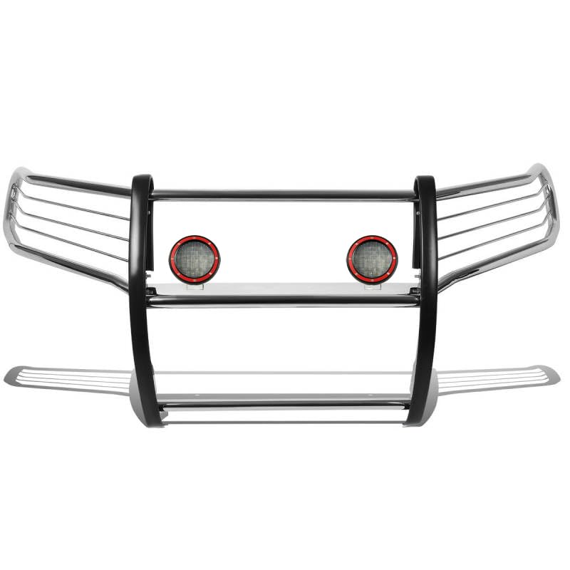Bumper Guard Black Horse Grille Brush Modular Stainless Steel Come with Pair of 5.3" Dia.LED Lights with Red Trim Rings Compatible with 2016-2023 Toyota Tacoma-17A096402MSS-PLFR