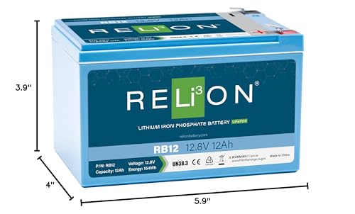 12V RELiON RB12 | 12Ah | LiFePO4 Lithium-ion Battery | F2 Terminal | 3500~5000 Cycles| 10 Year Warranty | Lightweight small size, Perfect for Fish Finders Ice Fishing, Solar, RV, Off-Grid Applications