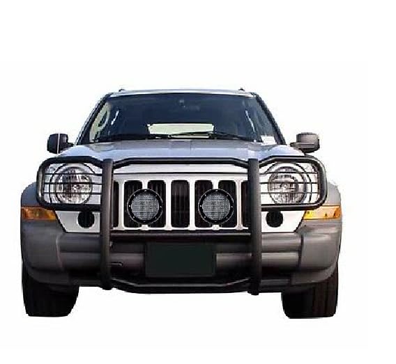 Grille Brush Black Horse Bumper Guard Modular Black Come with Pair of 5.3" Dia.LED Lights with Black Trim Rings Compatible with 2002-2007 Jeep Liberty-17EH26MA-PLFB