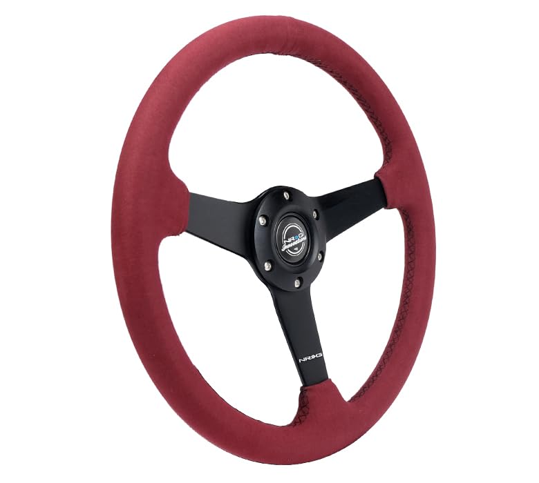 NRG Innovations 350mm NRG-RST-037MB-BUA Sort Steering Wheel (1.5' deep) Burgundy Micro Suede with Black stitching - Matte Black Solid Spokes