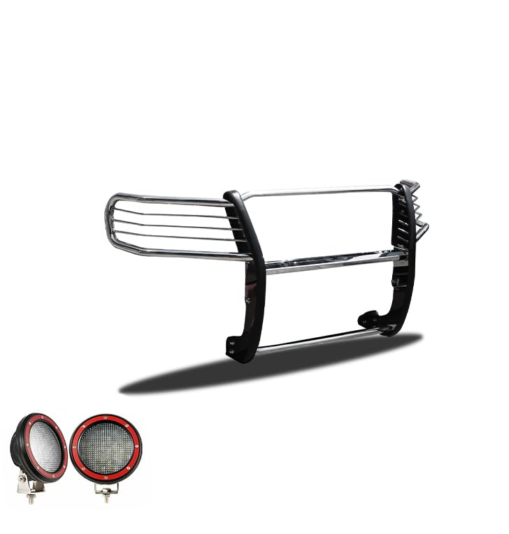 Bumper Guard Black Horse Grille Brush Modular Stainless Steel Come with Pair of 5.3" LED Lights with Red Trim Rings Compatible with 2008-2022 Toyota Sequoia|2007-2021 Toyota Tundra-17A098900MSS-PLFR
