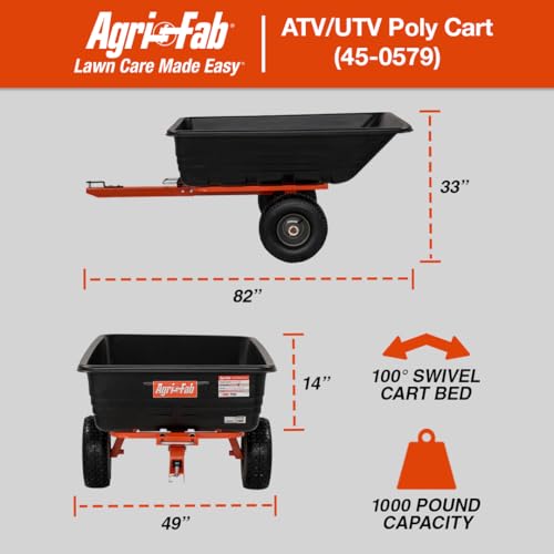 Tow Behind Agri-Fab 45-0579 1,000 lb Poly Dump Cart, 17 CU. FT.; Lawn & Garden Trailer for Riding Lawn Mowers, 18" x 8.5" All-Terrain Pneumatics Tires, Easy to Use Dumping Mechanism