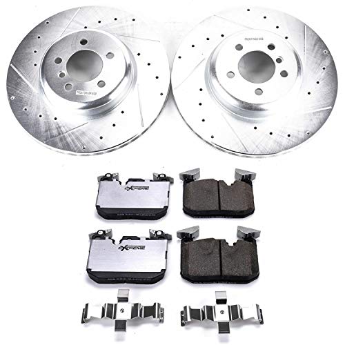 Power Stop K7435-26 Z26 Carbon Fiber Brake Pads Front with Drilled & Slotted Brake Rotors Kit and 1 Front Sensor Wire