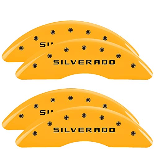Caliper Covers MGP - Brake Caliper Covers Compatible with 2020-2025 Chevy Silverado 2500 HD, 2020-24 3500 HD - Powder-Coated Finish, 4 PCS Front and Rear (Yellow - Silverado Engraving)