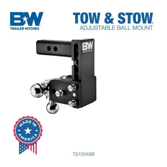 Tow & Stow B&W Trailer Hitches Adjustable Trailer Hitch Ball Mount - Fits 2" Receiver, Tri-Ball (1-7/8" x 2" x 2-5/16"), 5" Drop, 10,000 GTW - TS10048B