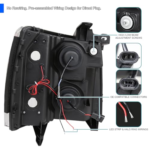 Halo LED SPEC-D TUNING Glossy Black Projector Headlights Compatible with 2007-2013 Chevy Silverado 1500, 2007-2014 Chevy Silverado 2500HD/3500HD, Left + Right Pair Headlamps Assembly