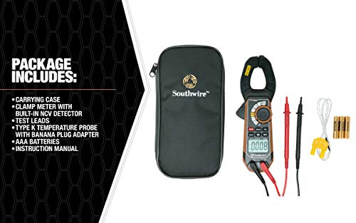 Clamp Meter Southwire - True RMS Accuracy for Precise AC/DC Measurement - Built-In Voltage Tester - Third-Hand Probe Holder - CAT III 600V Safety Rated