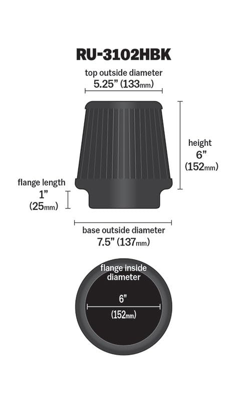 K&N Lifetime Dryflow Universal Clamp-On Air Filter: Dry Synthetic, Washable, Oil-Free: Flange Diameter: 6 In, Filter Height: 6 In, Flange Length: 1 In, Shape: Round Tapered, RU-3102HBK