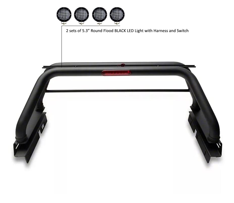 Classic Black Horse Roll Bar Incl. Set of 5.3" Dia.LED Lights w/Black Trim Rings Compatible with 2005-2024 Toyota Tacoma-RB006BK-PLFB