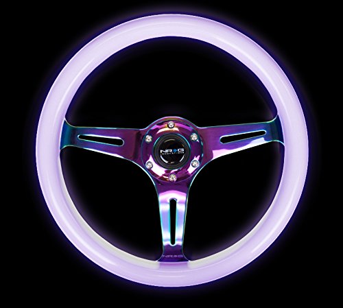 NRG Innovations Wood Grain NRG-ST-015MC-GL-PP Steering Wheel - 350mm 25mm Deep, 3 Neochrome Spokes - Glow-in-the-Dark Purple Color