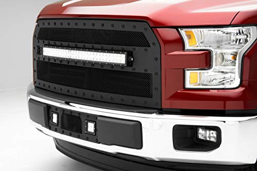 2015-2017 F-150 T-Rex Grilles Stealth Torch Bumper Grille, Black, 1 Pc, Insert, Black Studs with (2) 3" LED Cube Lights - PN #6325731-BR