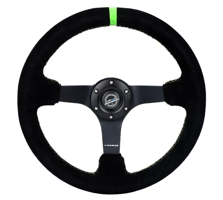 NRG Innovations Reinforced NRG-RST-036MB-S-GN Steering Wheel 3" Deep, 5mm Matte Black Spoke, 350mm, Black Suede with Neon Green Baseball Stitching/Center Mark