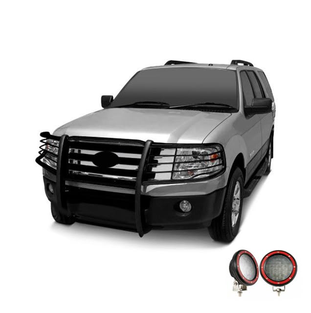 Bumper Guard Black Horse Grille Brush Modular Black Come with Pair of 5.3" Dia.LED Lights with Red Trim Rings Compatible with 2006-2010 Ford Explorer-17A047600MA-PLFR