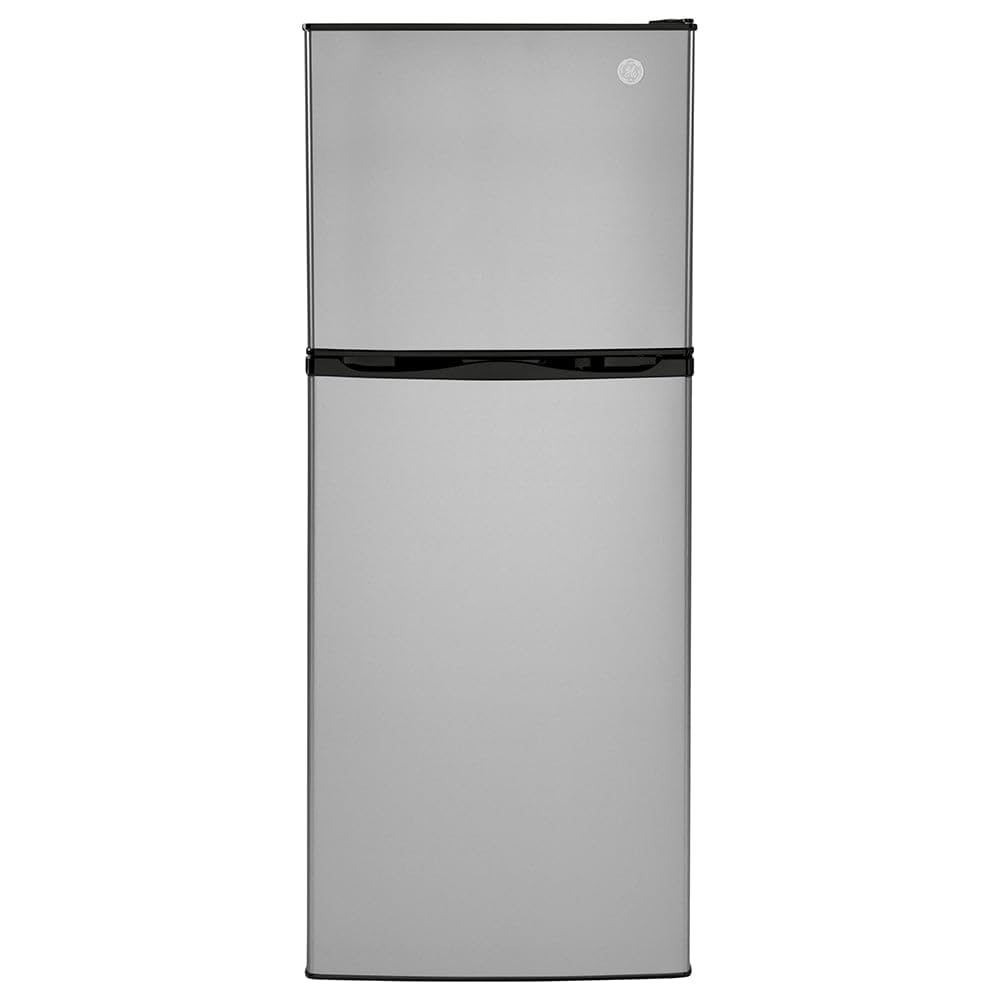 24" GE GPV10FSNSB Top Freezer Refrigerator with 9.93 cu. ft. Capacity 12V DC Power Only LED Lighting and Adjustable Spillproof Glass Shelves in Stainless Steel and Black