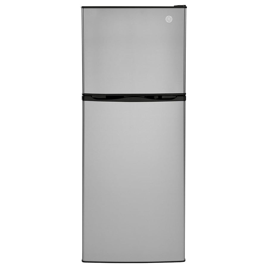 24" GE GPV10FSNSB Top Freezer Refrigerator with 9.93 cu. ft. Capacity 12V DC Power Only LED Lighting and Adjustable Spillproof Glass Shelves in Stainless Steel and Black
