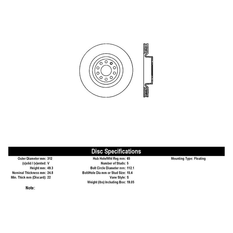 Automotive Front Disc Brake Rotor, Centric Premium High Carbon 125.33098, for Selected Audi, Seat, Volkswagen Model Year