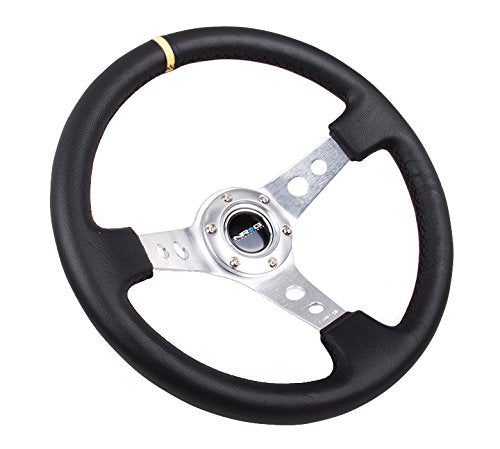 NRG Innovations Reinforced NRG-RST-006SL-Y Steering Wheel - 350mm Sport Steering Wheel (3" Deep) - Silver Spoke with Round holes, Black Leather, Yellow Center Mark