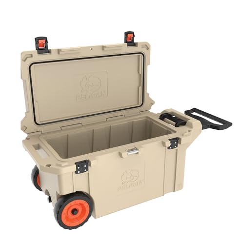Pelican Elite 80QT Wheeled Cooler (Tan) | 58 Can Capacity with Ice | 10 Day Ice Retention | Built-in Bottle Opener | Guaranteed for Life