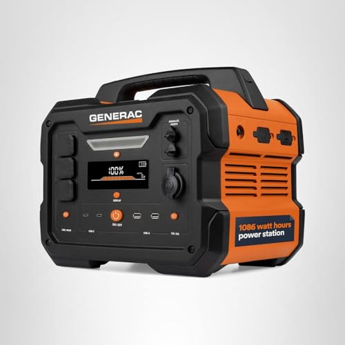 Portable Power Station Generac 1086Wh with Lithium-Ion Battery - Clean, Emission-Free Power - Wirless Charging Pad and Compact Design - Camping, RV, Indoor/Outdoor Use - Orange/Black