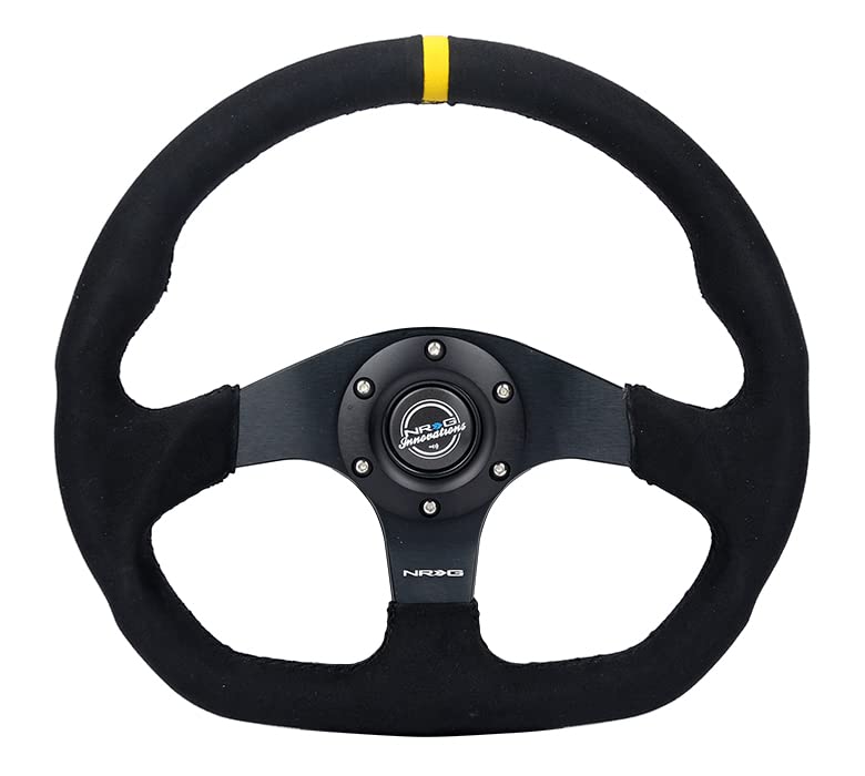 NRG Innovations Reinforced NRG-RST-024MB-SA-Y Steering Wheel - 320mm Sport Alcantara Flat Bottom with Yellow Center Mark