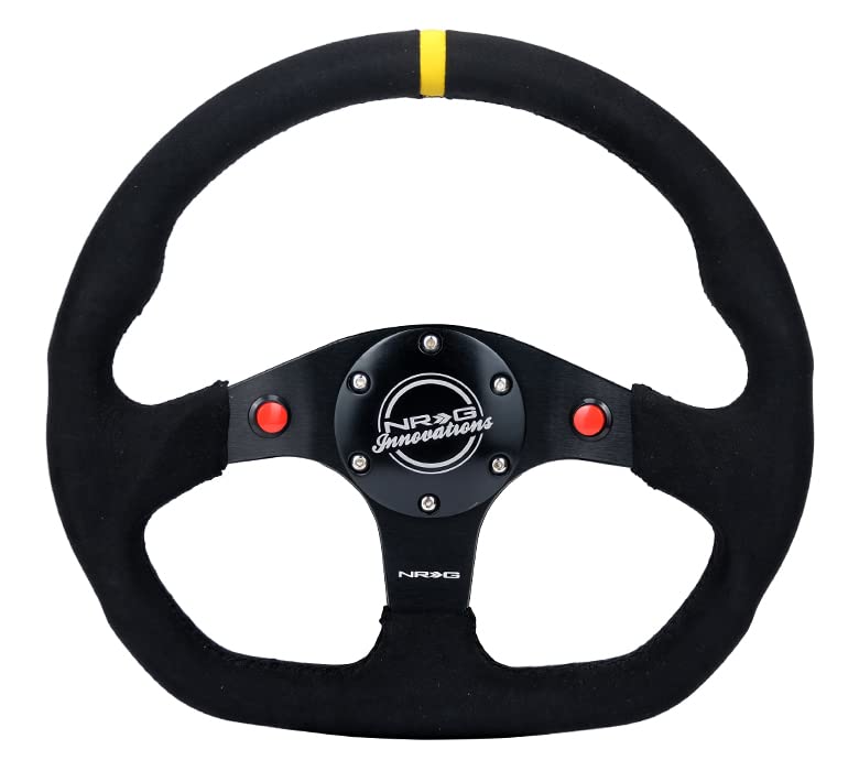 NRG Innovations Reinforced Steering Wheel NRG-RST-024D-MB-SA-Y 320mm Sport Alcantara Dual Push Buttons Flat Bottom with Yellow Center Mark