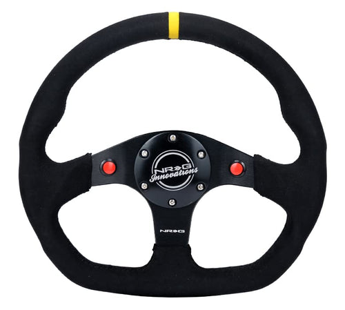 NRG Innovations Reinforced Steering Wheel NRG-RST-024D-MB-SA-Y 320mm Sport Alcantara Dual Push Buttons Flat Bottom with Yellow Center Mark