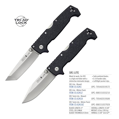 COLD STEEL 8Cr14MoV Steel SR1 Lite 4" Blade Griv-Ex Handle Tactical Self-Defense Folding Knife with Tri-Ad Locking Mechanism, Pocket/Belt Clip