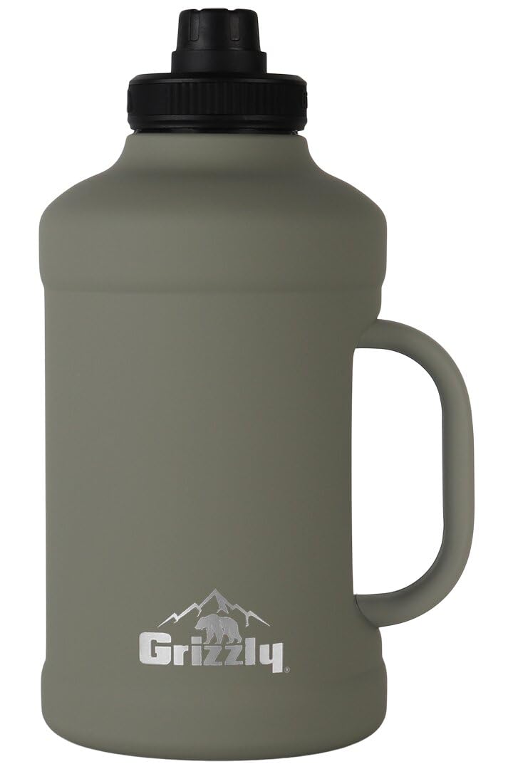 64oz Grizzly Water Bottle | Vacuum Insulated | Leak Resistant Lid | Stainless Steel | Heavy Duty Handle | For Gym Hiking Beach Sports Camping | Lunar Green