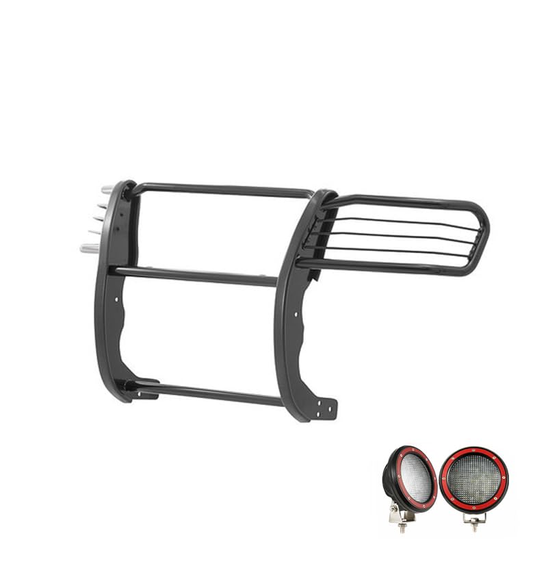 Bumper Guard Black Horse Grille Brush Modular Black Come with Pair of 5.3" Dia.LED Lights with Red Trim Rings Compatible with 2005-2015 Toyota Tacoma-17A096400MA-PLFR