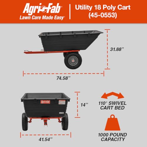 1,000-Pound Capacity Agri-Fab 45-0553 Poly Swiveling Tow Behind Dump Cart, 18 Cubic Feet Capacity, 80 Degree swiveling, 52 Degree Dumping, 16-Inch x 6.5-Inch Pneumatic Turf Tread Tires