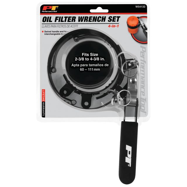 W54132 Performance Tool 4-in-1 Oil Filter Wrench - Swivel Handle, Interchangeable Bands, Dimpled Grip