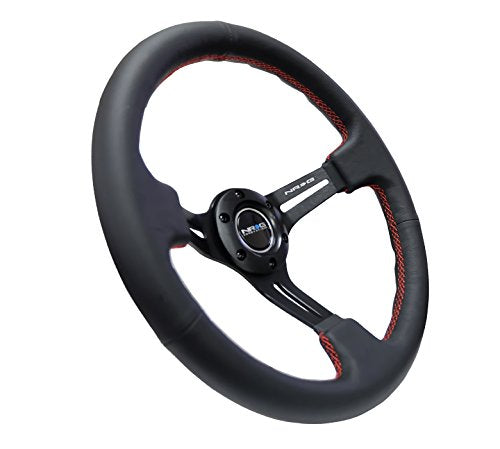 NRG Innovations Reinforced NRG-RST-018R-RS Steering Wheel 350mm Sport Steering Wheel (3" Deep) Black Leather with Red Stitching, Slit Spoke Design over Circular Cut-Outs