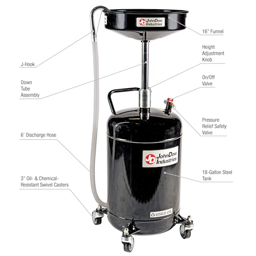 JDI-18DC JohnDow Industries 18 Gallon Air-Operated Self-Evacuating Portable Oil Drain, 16 inch Diameter Funnel, Adjustable Funnel Height of 36.5 in to 59 in. 6 Foot Nylon Reinforced Discharge Hose