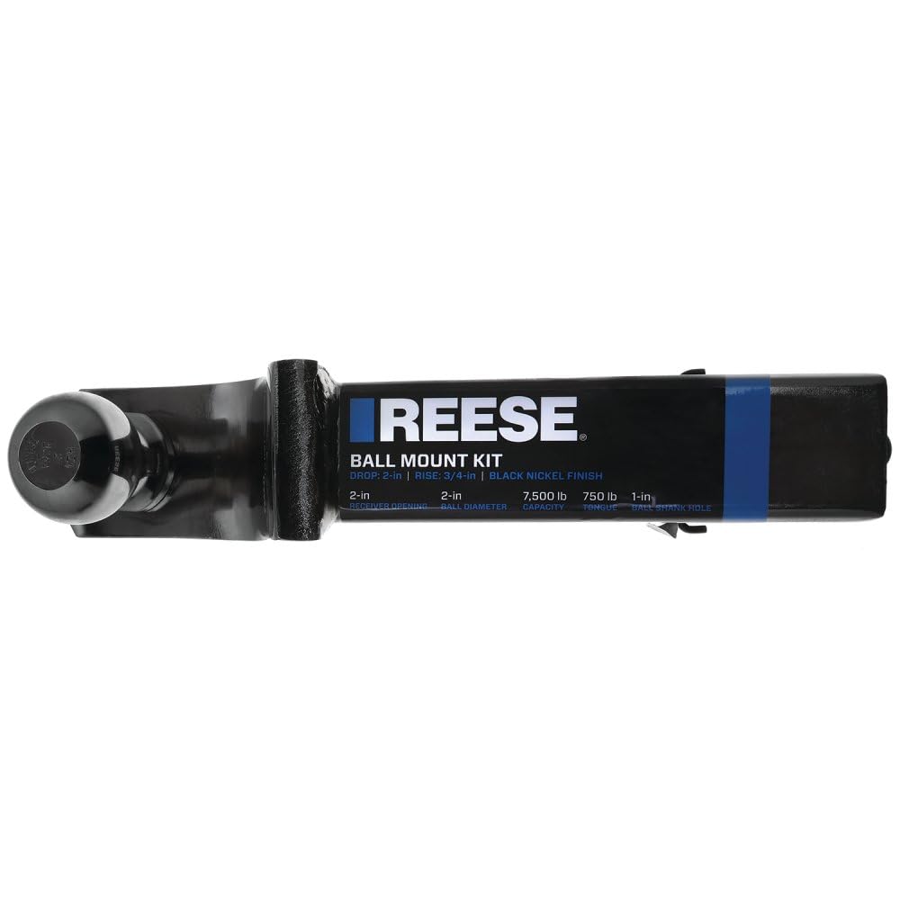 Trailer Hitch Ball Mount Starter Kit Reese 21610, Fits 2 Inch Square Receiver, 2 Inch Drop, 7,500 lbs. Capacity, Includes 2 Inch Trailer Ball, Black Nickel