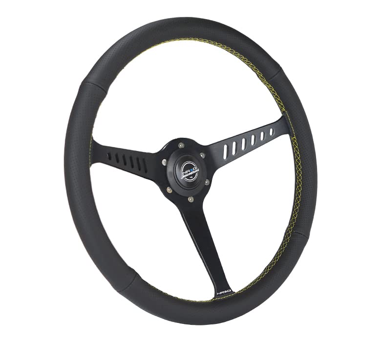 NRG Innovations Reinforced NRG-RST-380-STL-Y Classic Stealth Wheel, 380mm, 3 Spoke Center with Diagnal Slits, 1" Deep Dish with Perforated Leather and Yellow Stitching