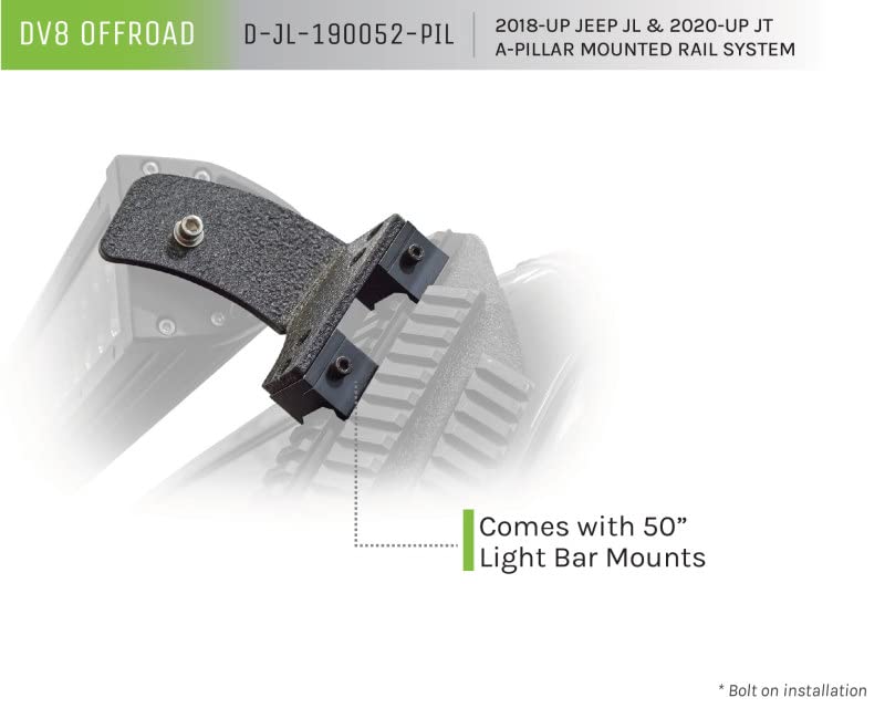 D-JL-190052-PIL | DV8 Offroad A-Pillar Mount for 18-25 Wrangler JL & 20-25 Gladiator JT | PIC Rail Accessory System | Includes Light Bar Attachment | Multiple Mounting Positions Along Slotted Rail