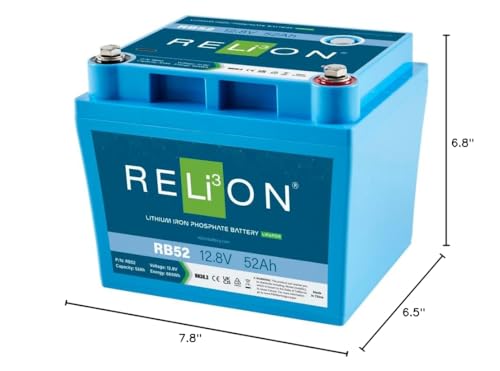 12V RELiON RB52 | 52Ah LiFePO4 Lithium-ion Battery | 3500~5000 Cycles | Built-in BMS | Waterproof (IP67 Rating)| 10 Year Warranty | Lightweight small size | Perfect for Trolling Motor, Kayak, RV etc.