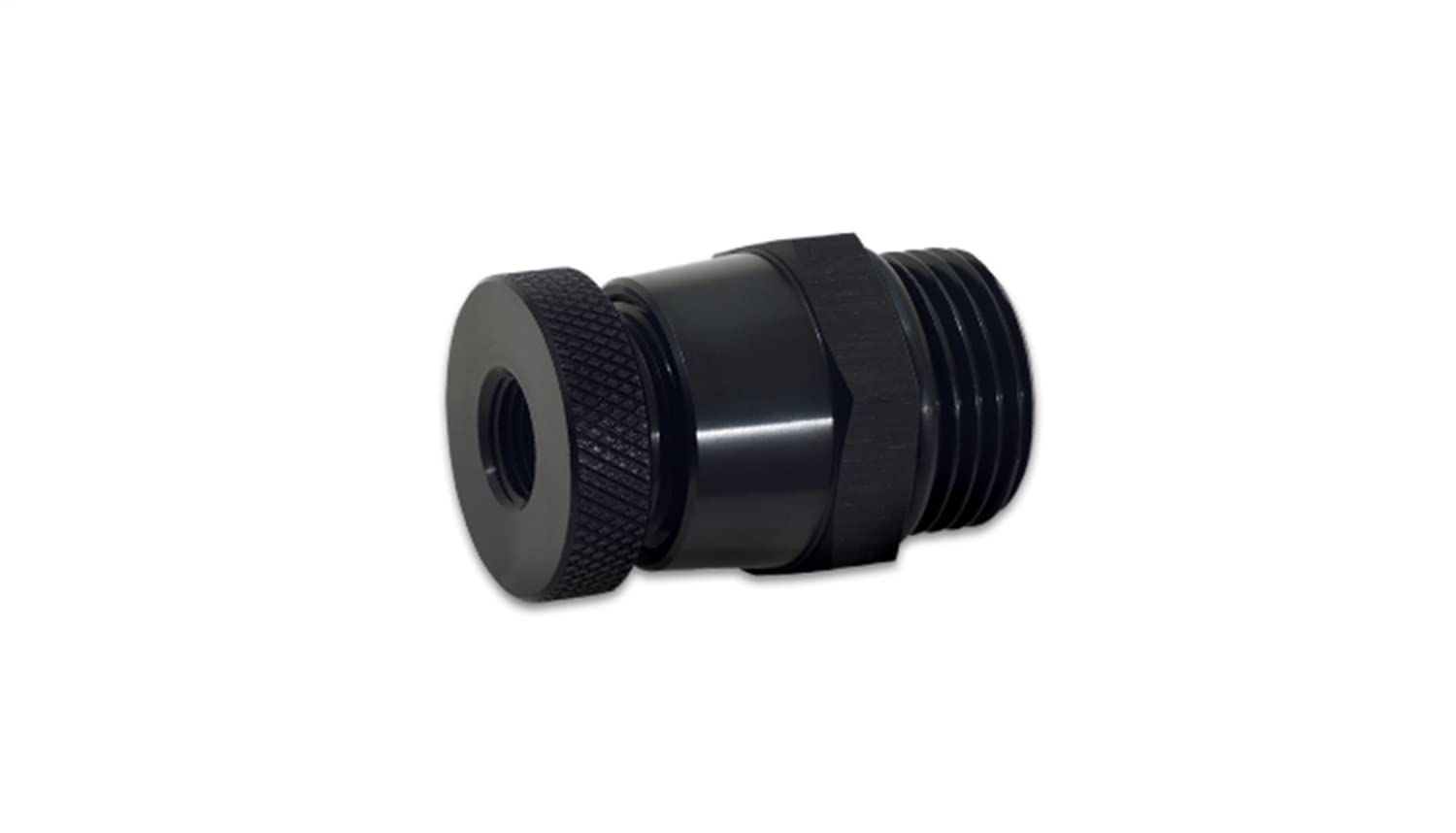 Adapter, Vibrant Power 12677, Oil Drain Plug, Oil Drain Valve, Male -8 AN Straight Cut with O-Ring, with Female 1/8 in. NPT Drain Port, Aluminum, Black Andoized, Each