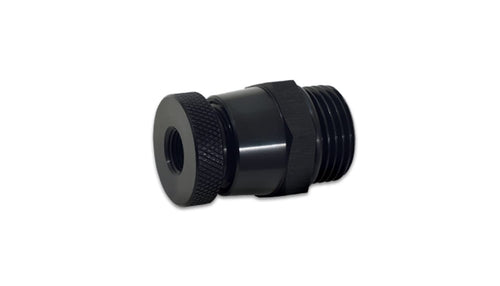 Adapter, Vibrant Power 12677, Oil Drain Plug, Oil Drain Valve, Male -8 AN Straight Cut with O-Ring, with Female 1/8 in. NPT Drain Port, Aluminum, Black Andoized, Each