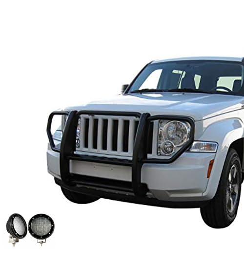 Bumper Guard Black Horse Grille brush 1-Piece Black Come with Pair of 5.3" Dia.LED Lights with Black Trim Rings Compatible with 2008-2012 Jeep Liberty-17A086400A-PLFB