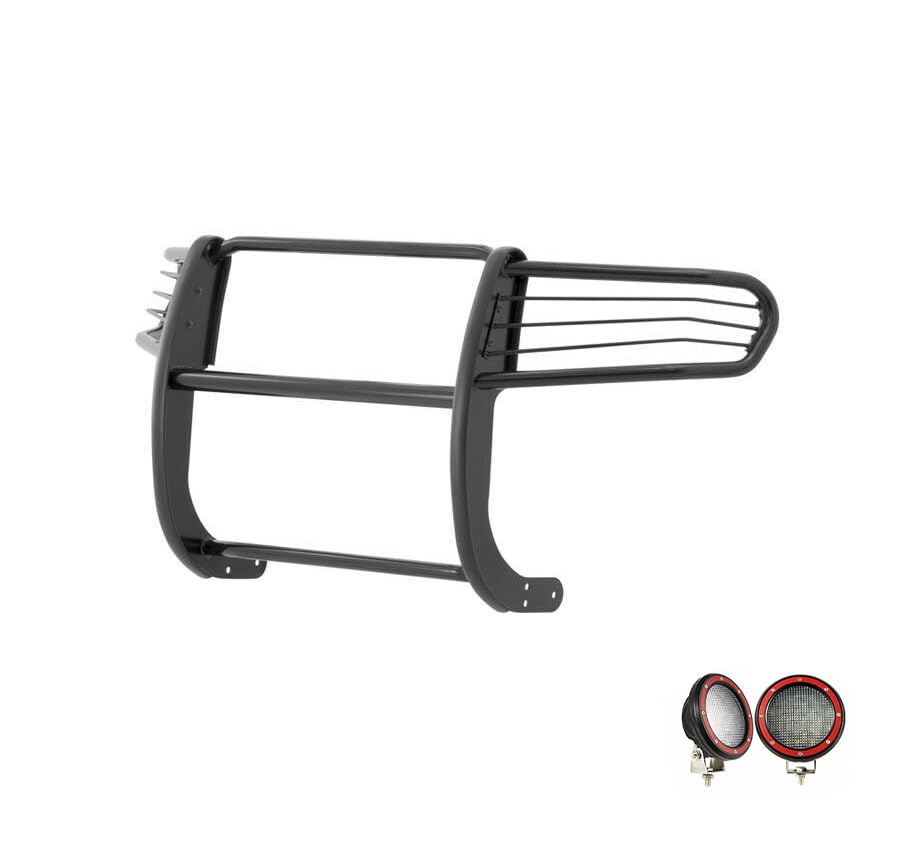 Bumper Guard Black Horse Grille Brush Modular Black Come with Pair of 5.3" Dia.LED Lights with Red Trim Rings Compatible with 2006-2014 Honda Ridgeline-17A152500A1MA-PLFR