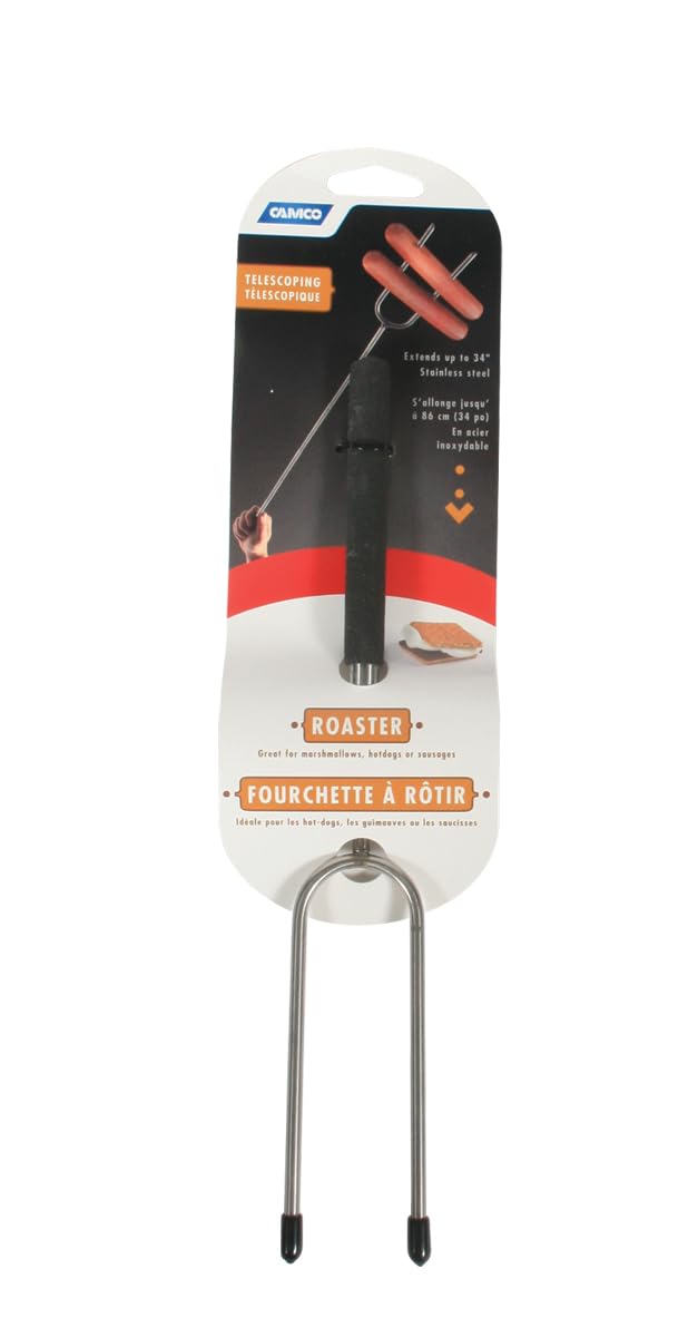 Camco Hot Dog and Smore Durable Stainless Steel Roasting Fork for Campfires -Extends Up to 34", Excellent for Camping, Hiking or RVing (44014), Black
